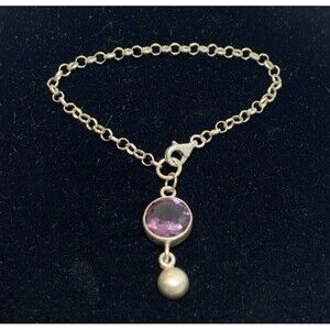 Vintage Sterling Silver Amethyst Charm Bracelet 6.5-7”